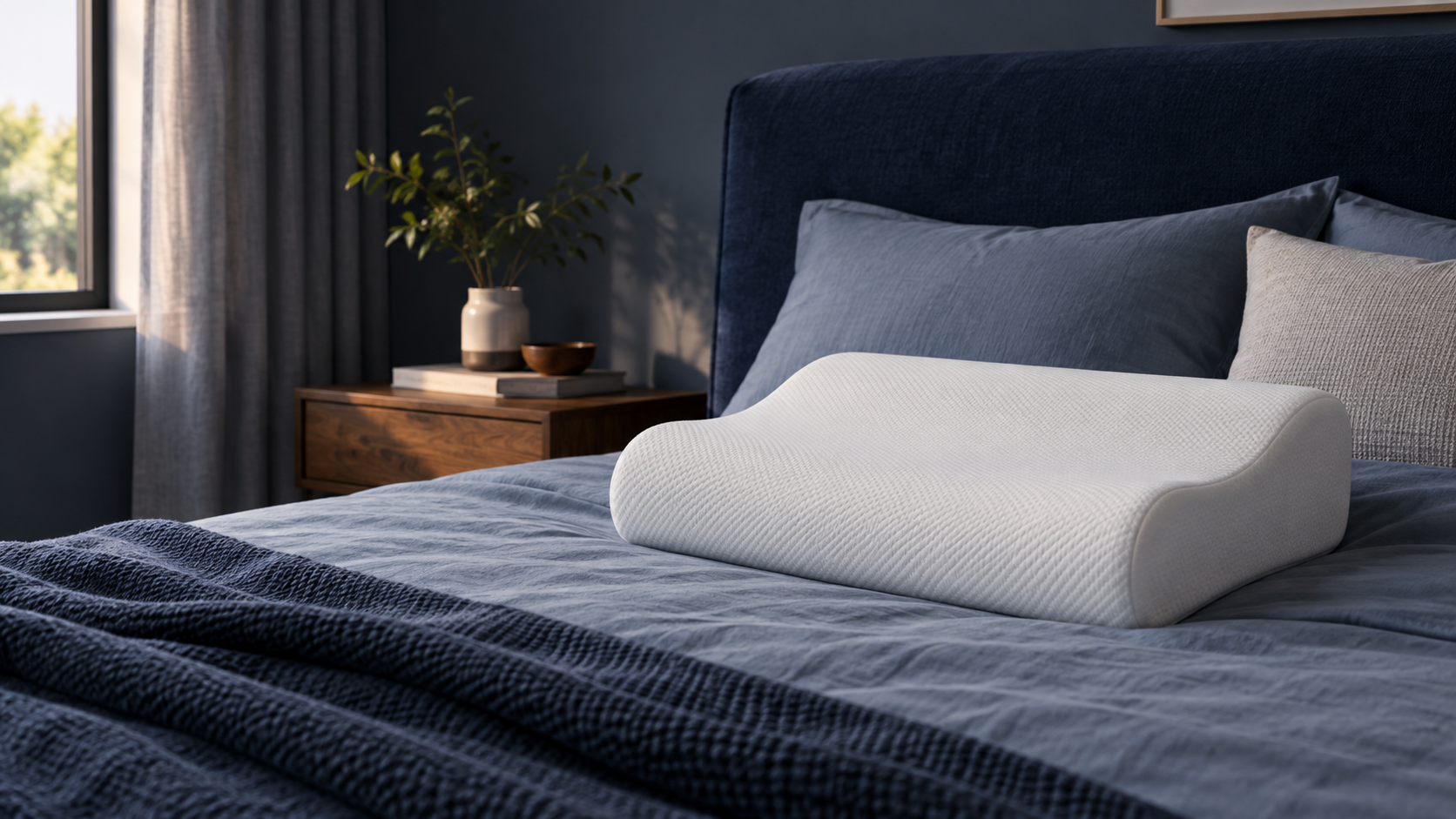 A generic contoured memory foam pillow in a modern bedroom
